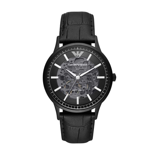 Emporio Armani Elegante mechanische Uhr aus schwarzem Leder