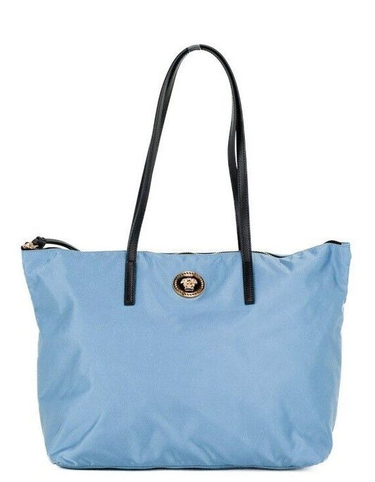 Versace Portuna Medusa mittelgroße kornblumenblaue Nylon-Leder-Einkaufstasche
